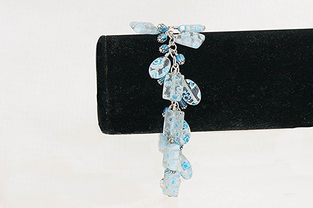 Turquoise and sky blue millefiori glass bead necklace with silver chain.