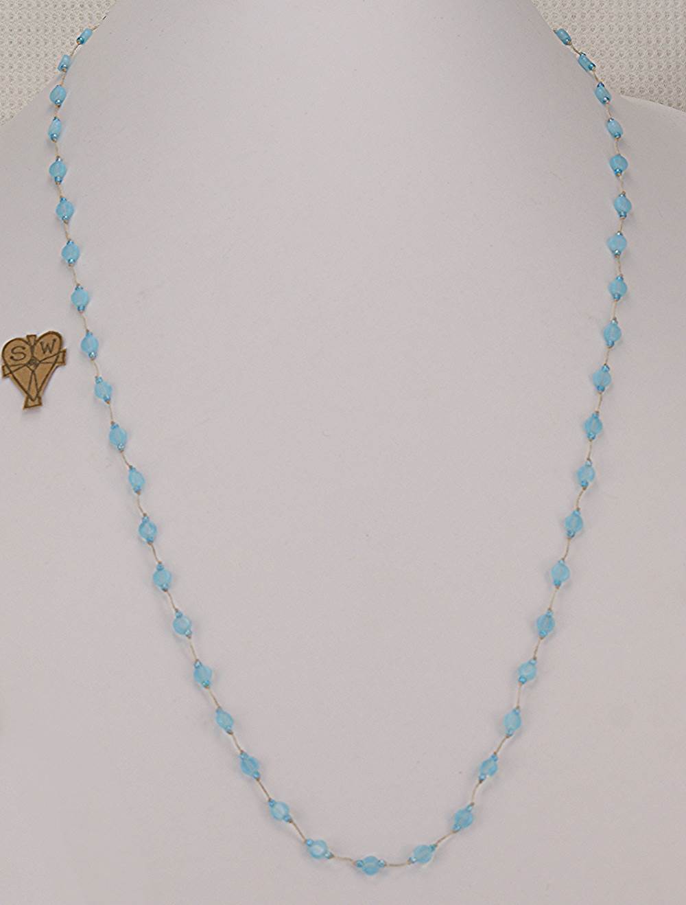 31 inch long, light blue bead necklace.