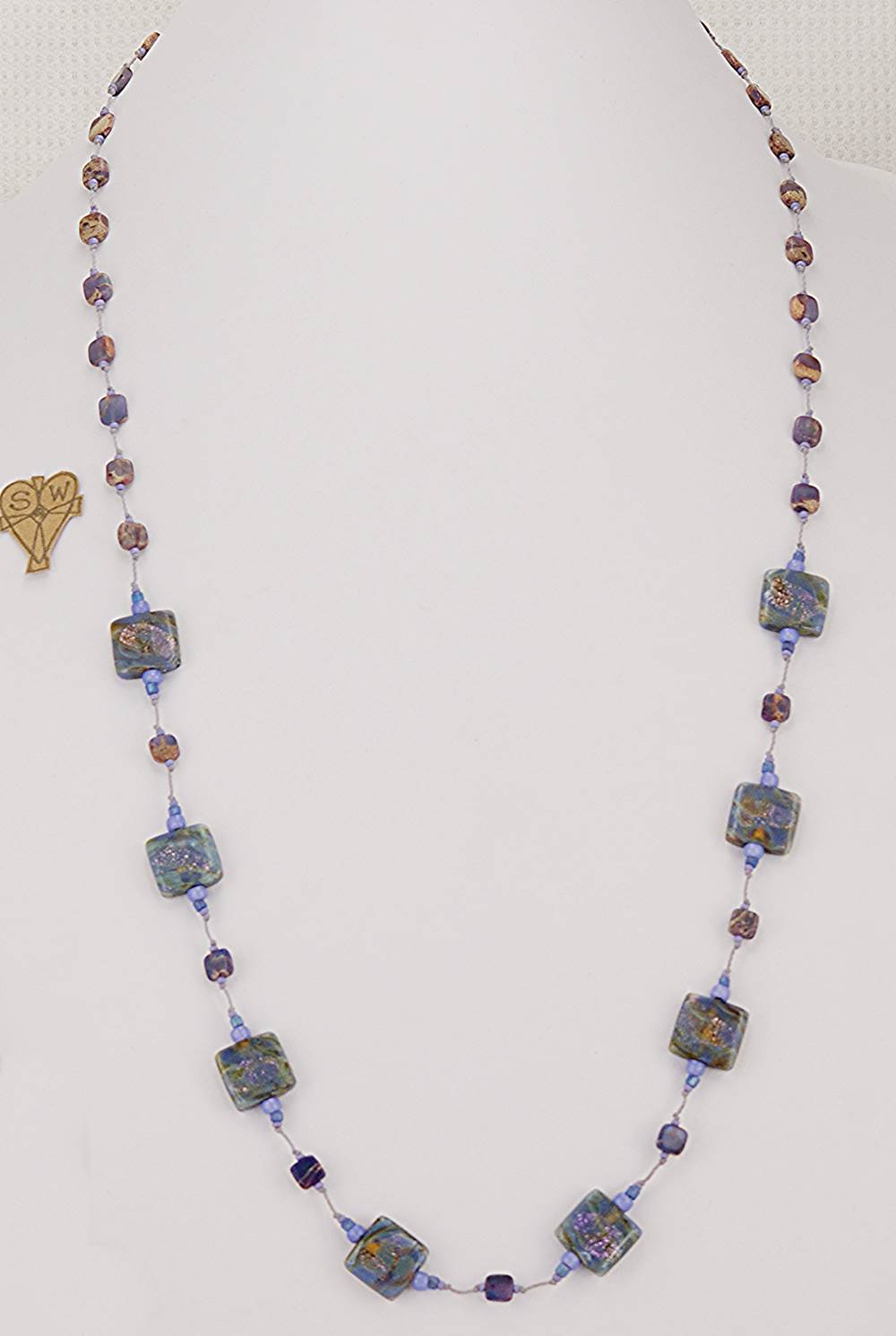 32 inch long, purple, lavender and grey Murrono glass necklace.
