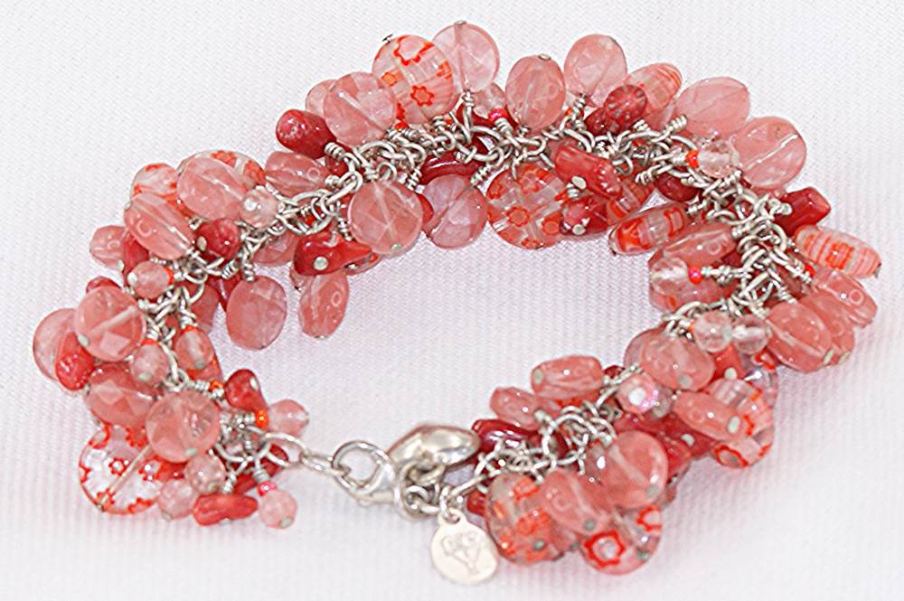 Red bamboo coral , watermelon agate and sterling silver bracelet