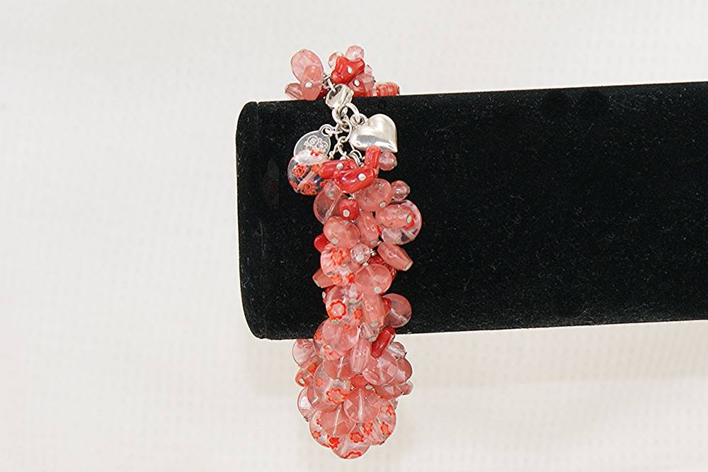 Red bamboo coral, rose quartz, watermelon agate, sterling silver bracelet.