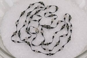 Smokey rutilated quartz, black spinel and hematite beaded necklace.