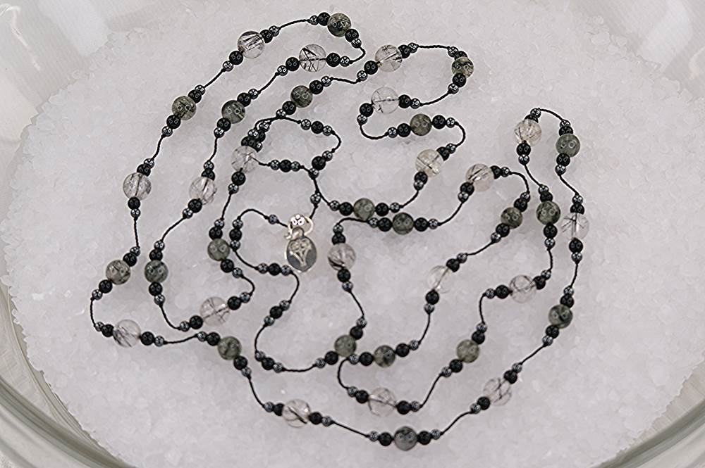 Smokey rutilated quartz, black spinel and hematite beaded necklace.