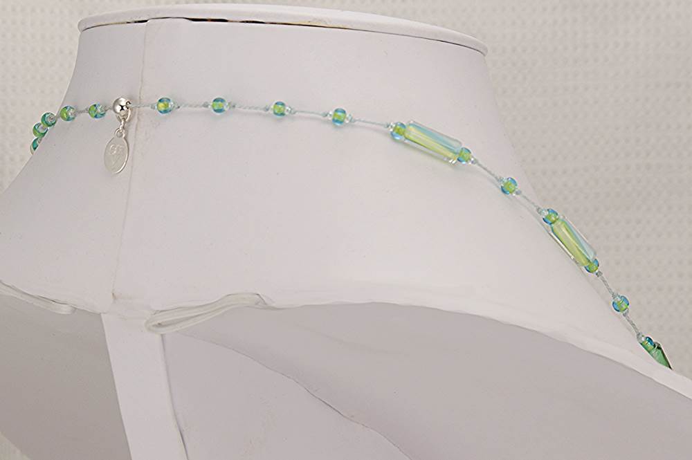 One of a kind, handmade, light spring green and blue, glass bead necklace