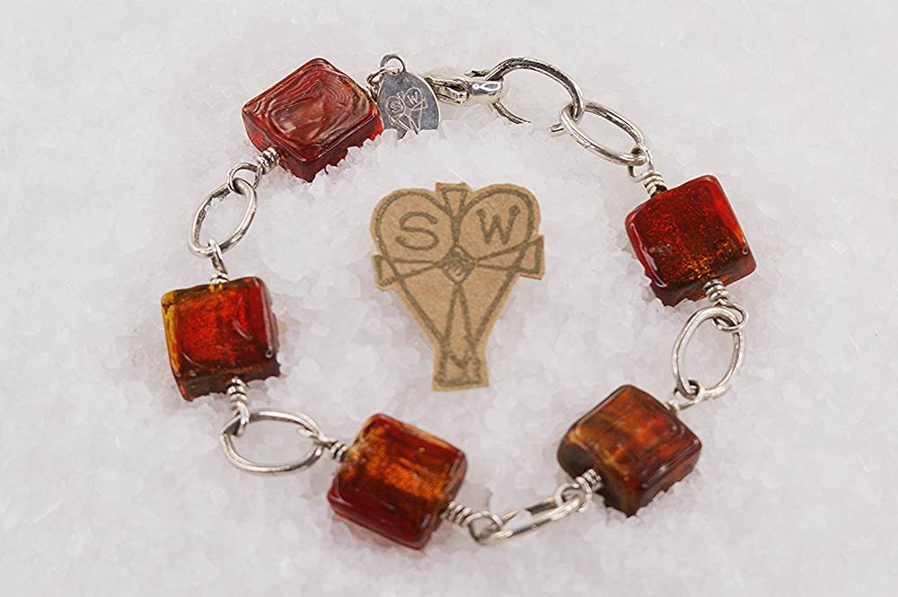 Copper, deep burnt orange, Venetian, dichroic, glass bead bracelet with sterling silver.