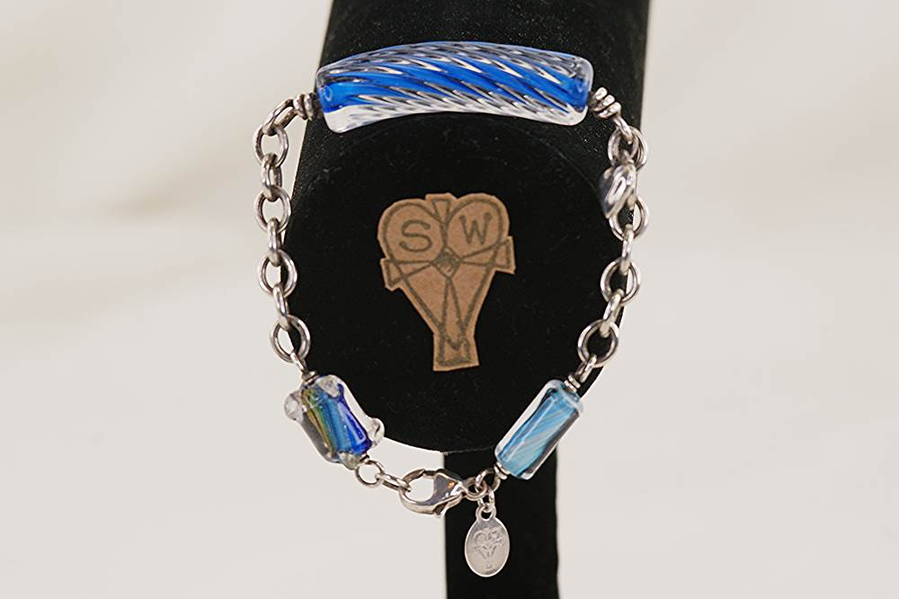 Ocean blue, blown glass, beaded bracelet with sterling silver.