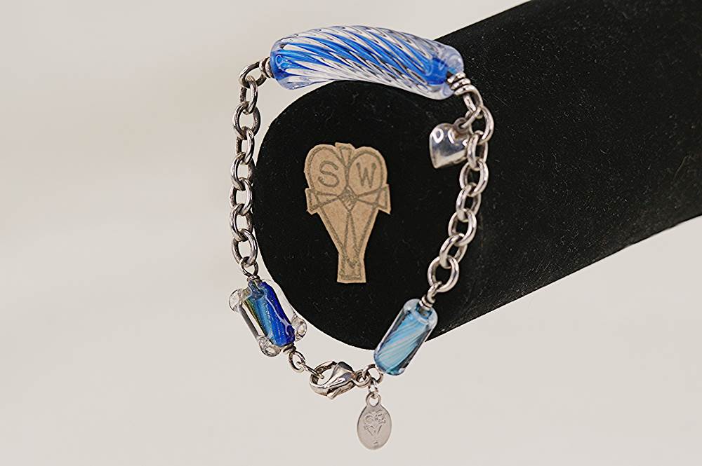 Handmade, ocean blue, glass bead bracelet with sterling silver.