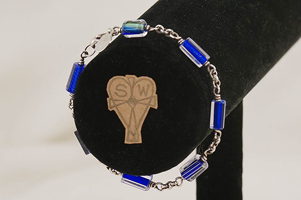Cobalt blue and clear quartz crystal beaded bracelet with sterling silver.