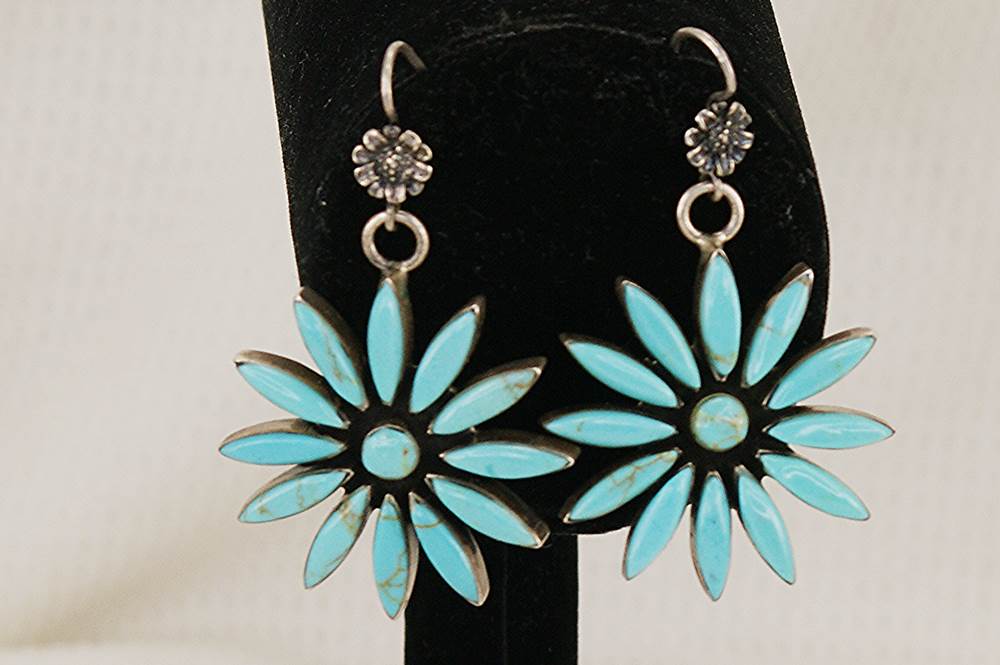 Turquoise and sterling silver handmade flower earrings.