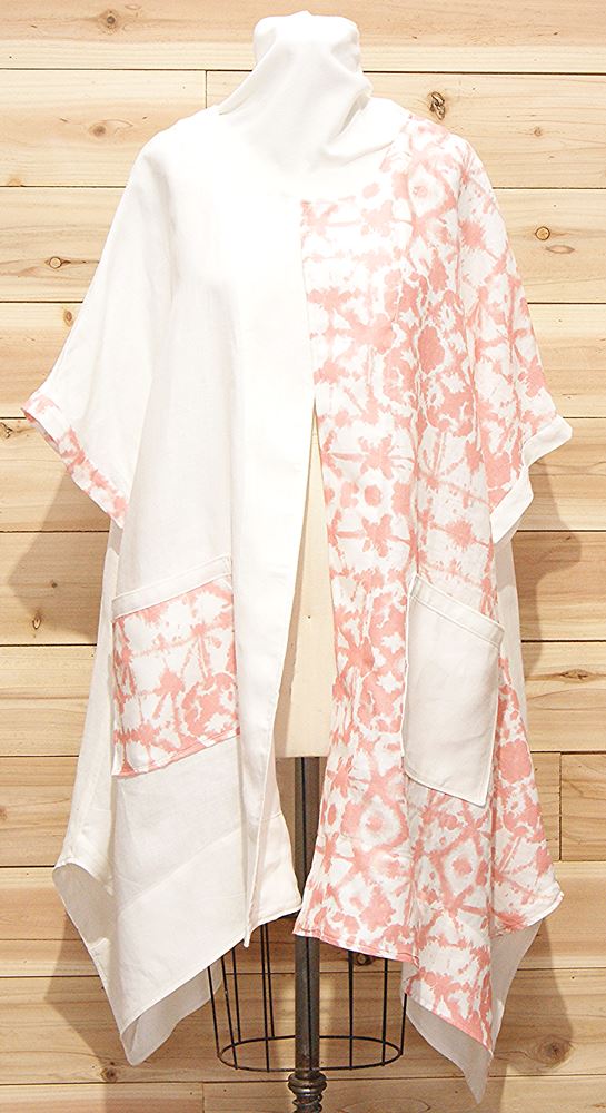 One of a kind, chic cloak made of 100% Japanese linen. Beautiful shibori salmon and peach on solid white. featuring (2) large front pockets.