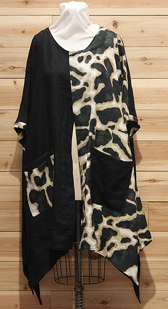 Black and beige Italian linen cloak with 2 large front pockets.