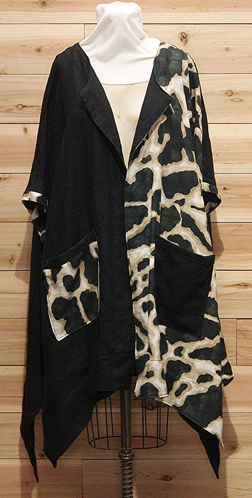 Chic black and beige Italian linen cloak with 2 large front pockets.