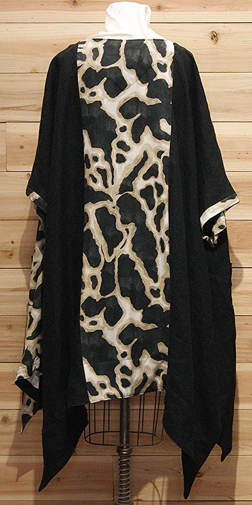 Beige on black animal like printed, Italian linen cloak with 2 large front pockets.