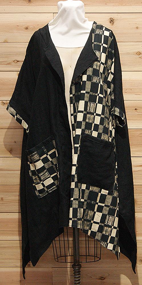 Chic black and ivory Japanese linen cloak, with 2 large lined front pockets.