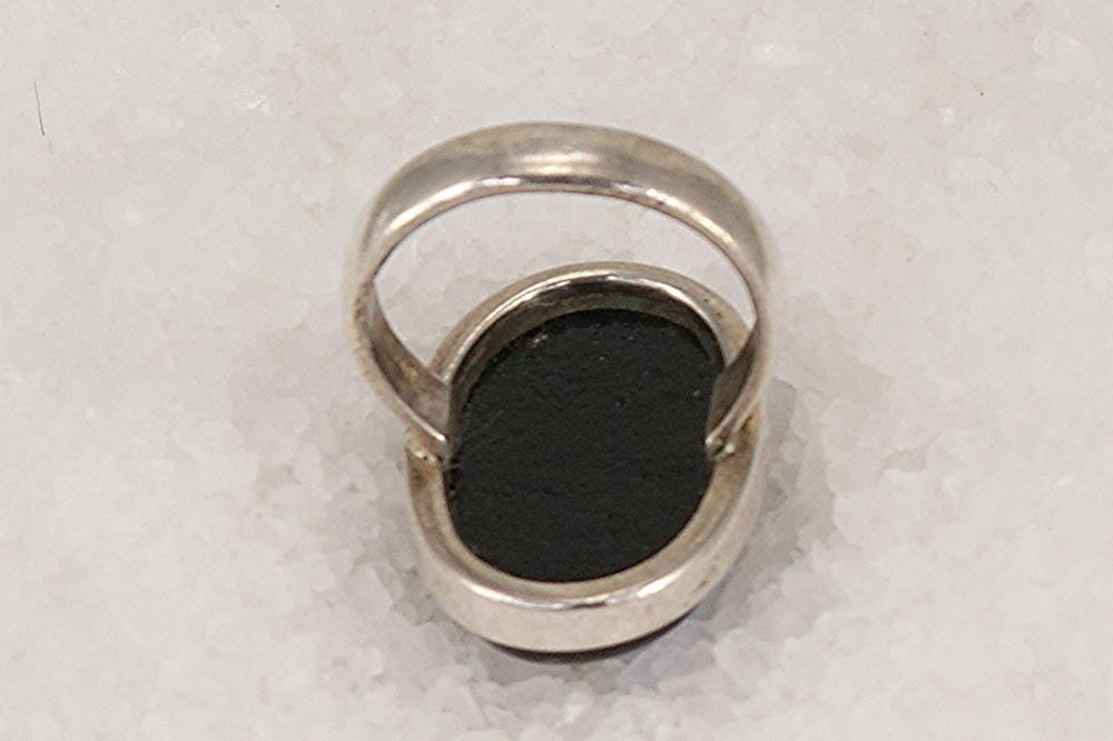 Multi color dichroic glass and sterling silver ring bottom view.