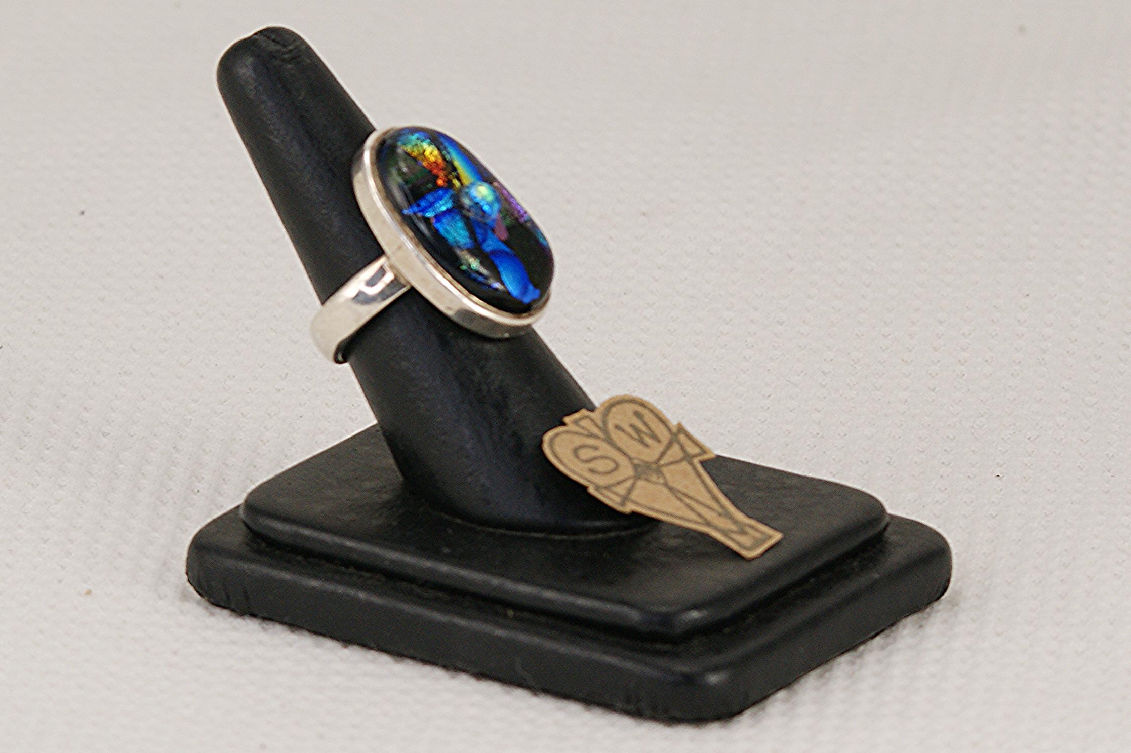 Sterling silver and multi color dichroic glass ring.