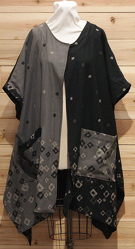 Warm gray and black Japanese linen cloak with 2 large front pockets.