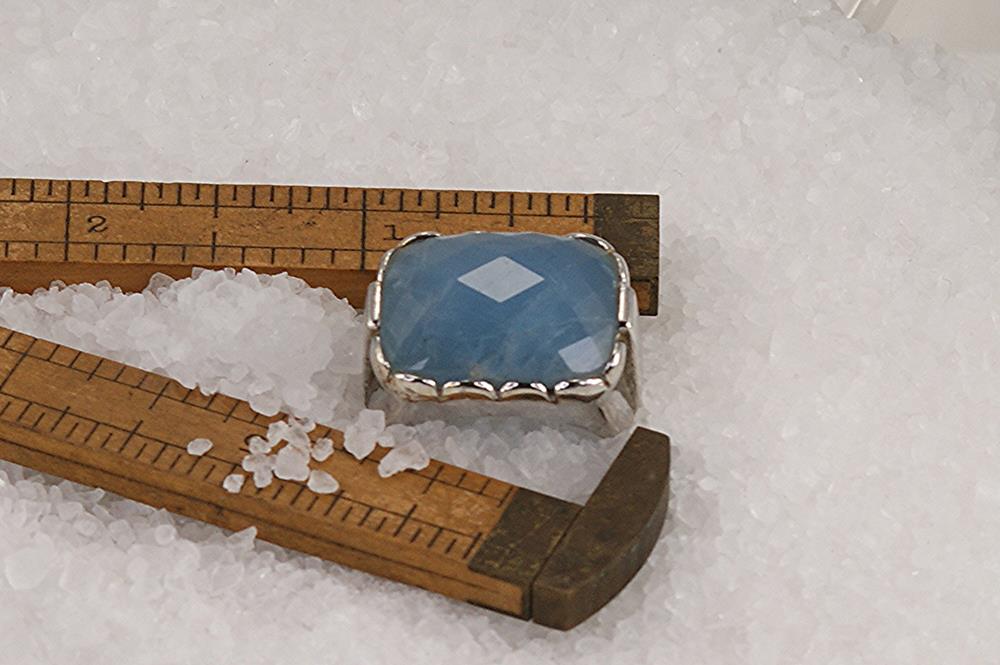 Delft blue chalcedony and sterling silver ring with ruler.