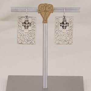 Handmade sterling silver scroll and cross earrings.