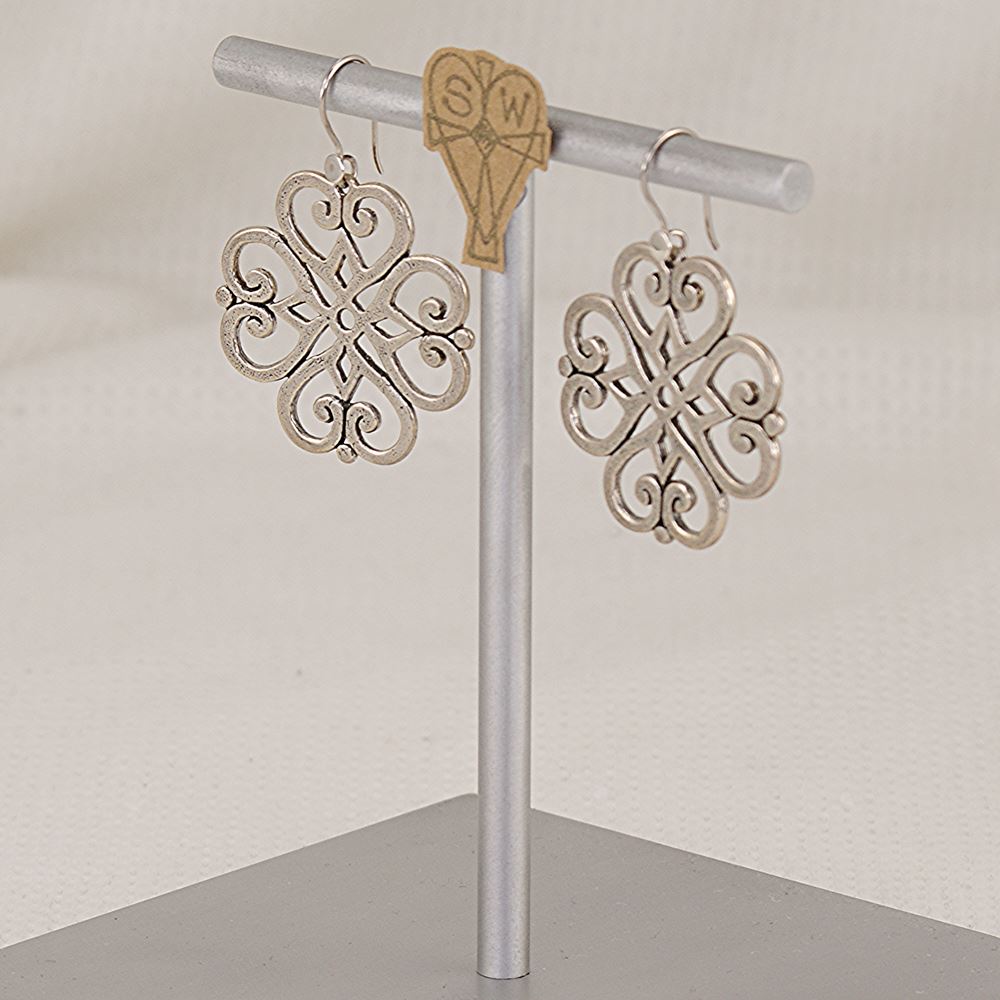 Solid sterling silver scroll work quatrefoil earrings.