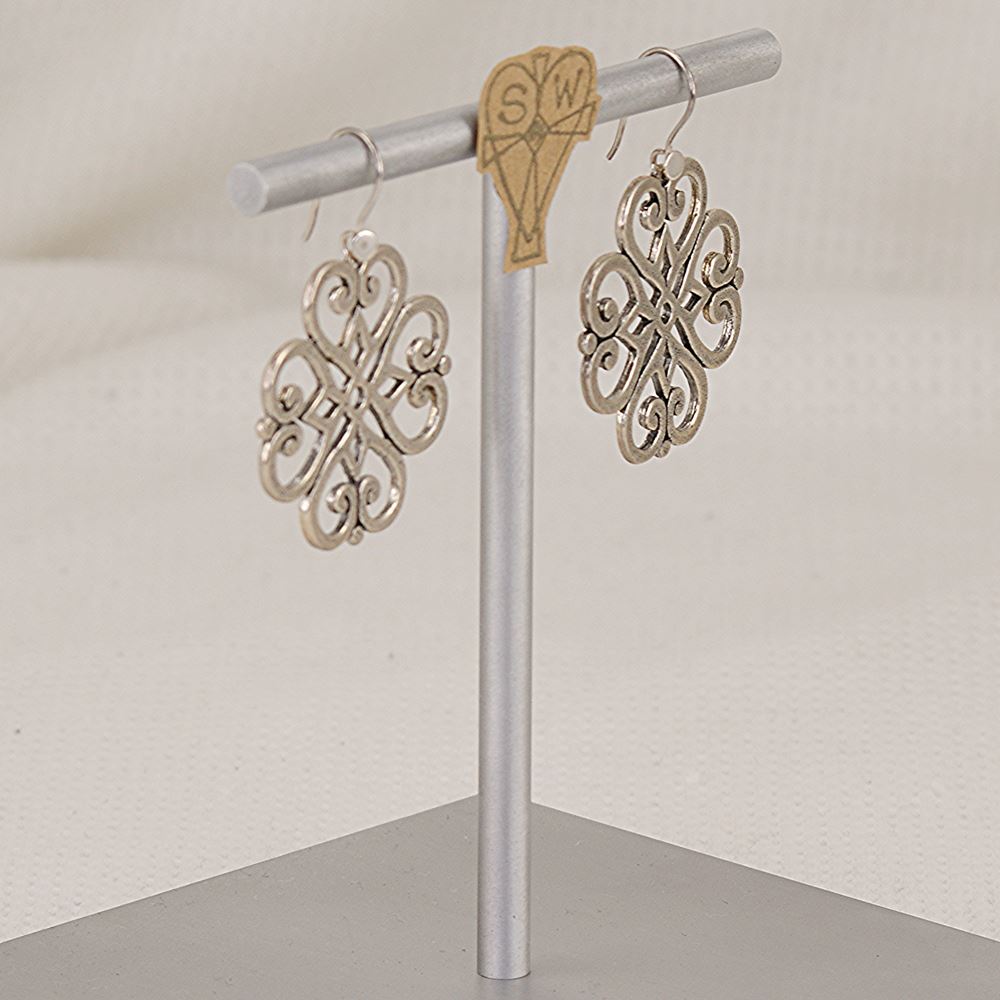 Sterling silver scroll work quatrefoil earrings.
