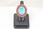 American turquoise, red coral and silver ring