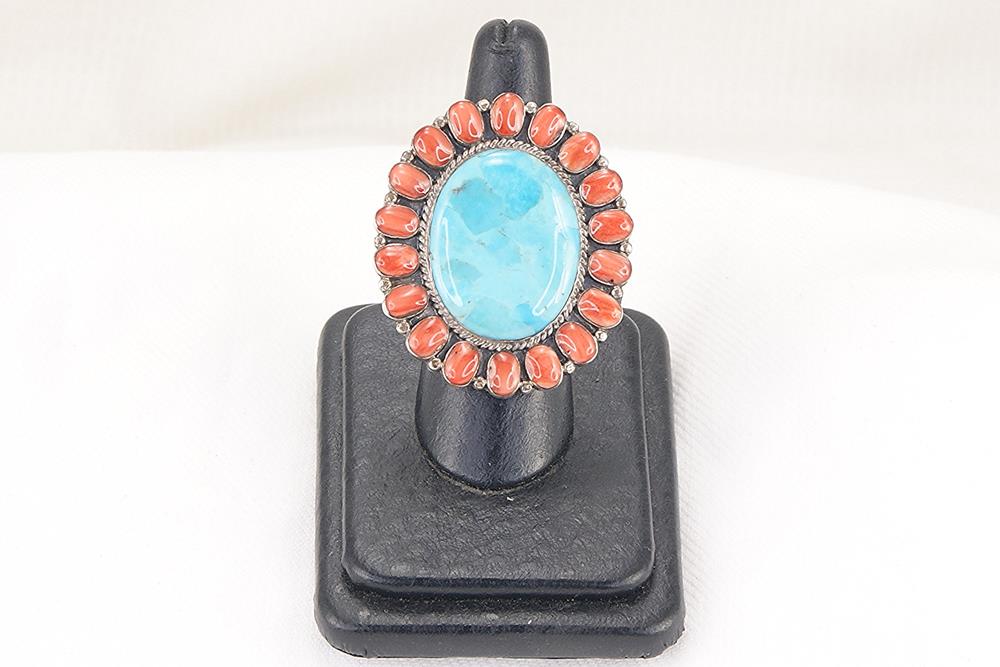 American turquoise, red coral and silver ring