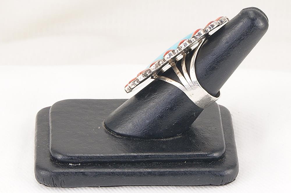 American turquoise red coral and silver ring.