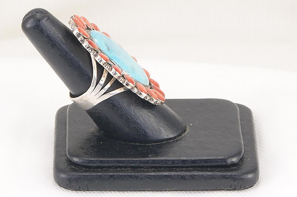 Handmade american turquoise red coral and sterling silver ring.